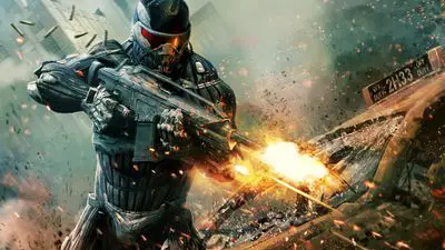 Soldado Crysis atirando com uma arma