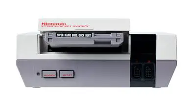 The original Nintendo NES with a Super Mario Bros./Duck Hunt cartridge
