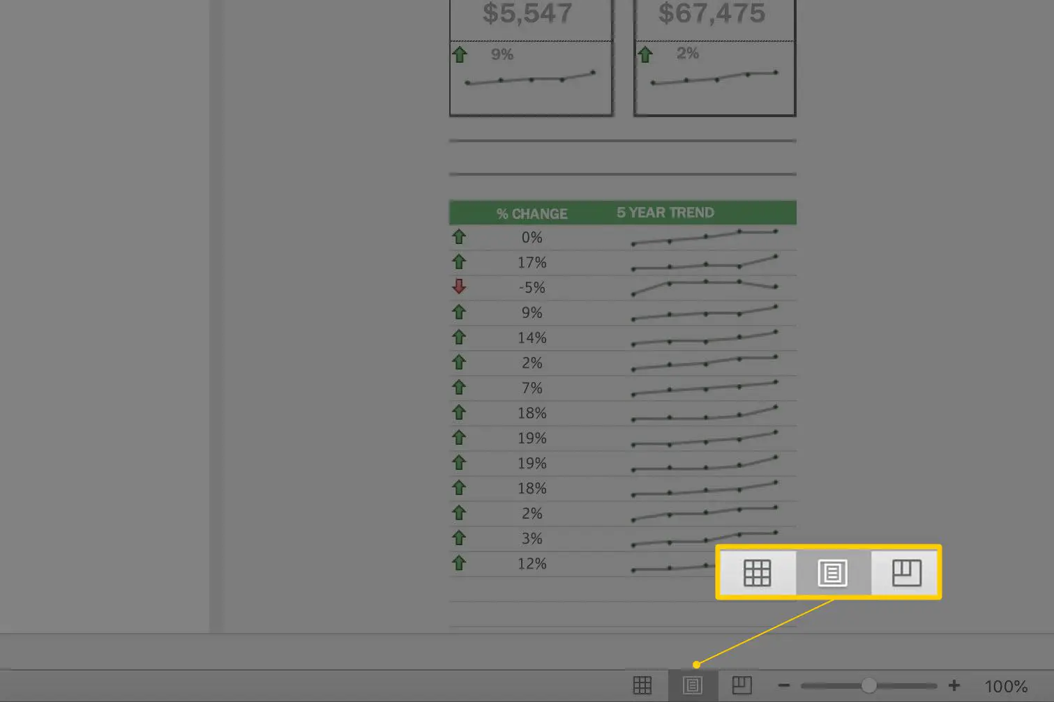Opções de visualização de página na barra de status do Excel