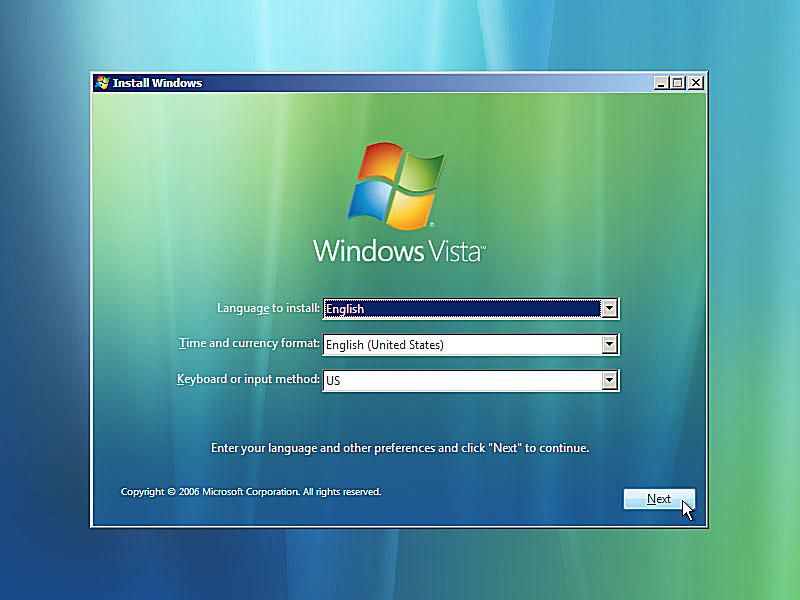 Uma captura de tela do reparo de inicialização do Windows Vista solicitando o idioma e outras configurações