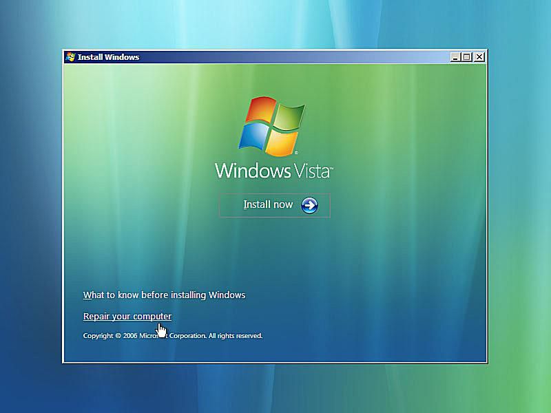 Uma captura de tela do link Reparar o seu computador para inicialização do Windows Vista
