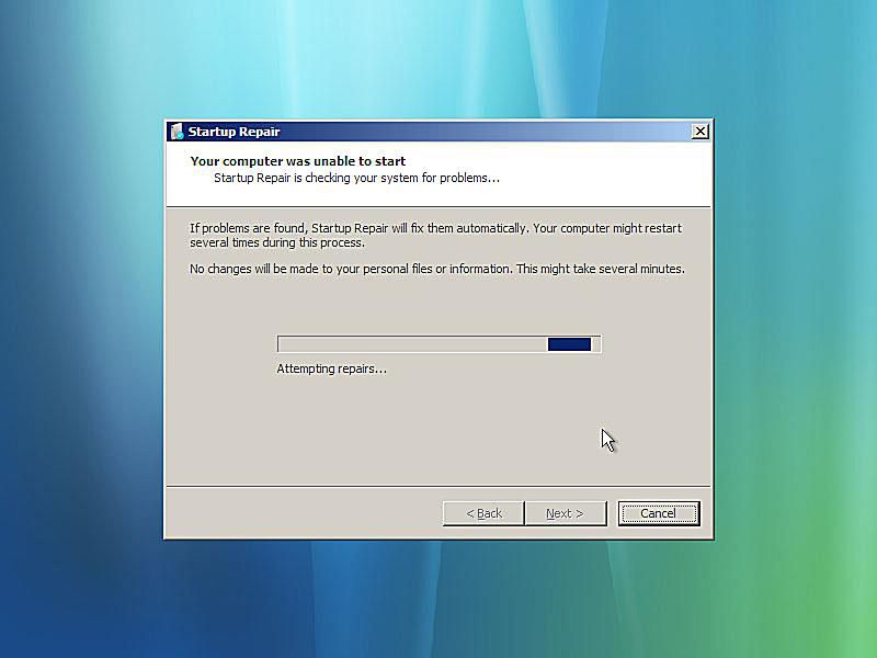 Uma captura de tela do reparo de inicialização do Windows Vista corrigindo problemas