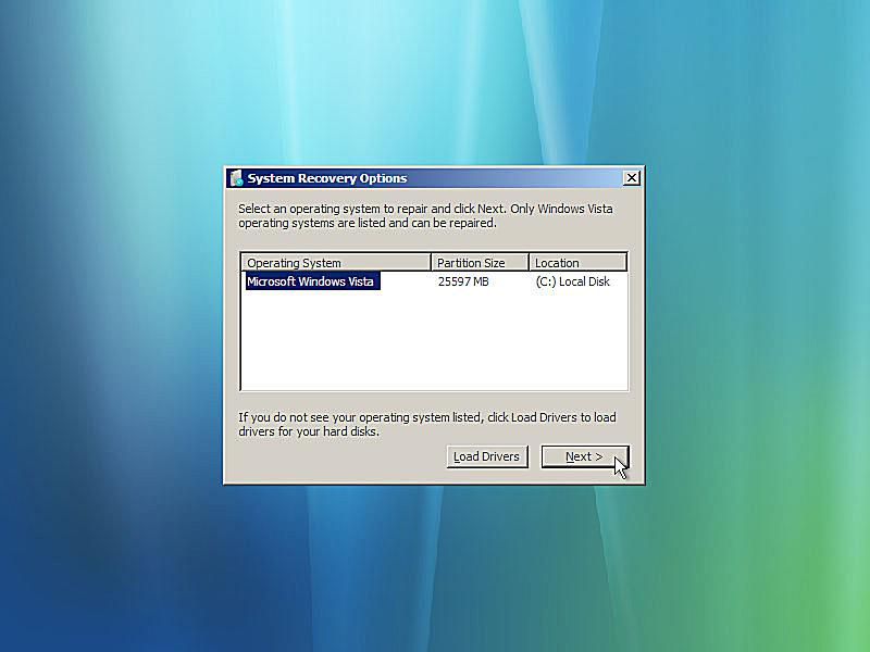 Uma captura de tela do reparo de inicialização do Windows Vista solicitando sua instalação do Windows Vista