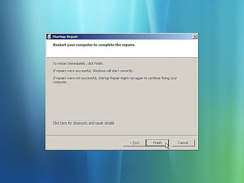 Uma captura de tela do reparo da inicialização do Windows Vista terminando
