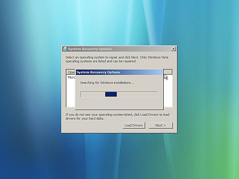 Uma captura de tela do reparo de inicialização do Windows Vista localizando seu computador