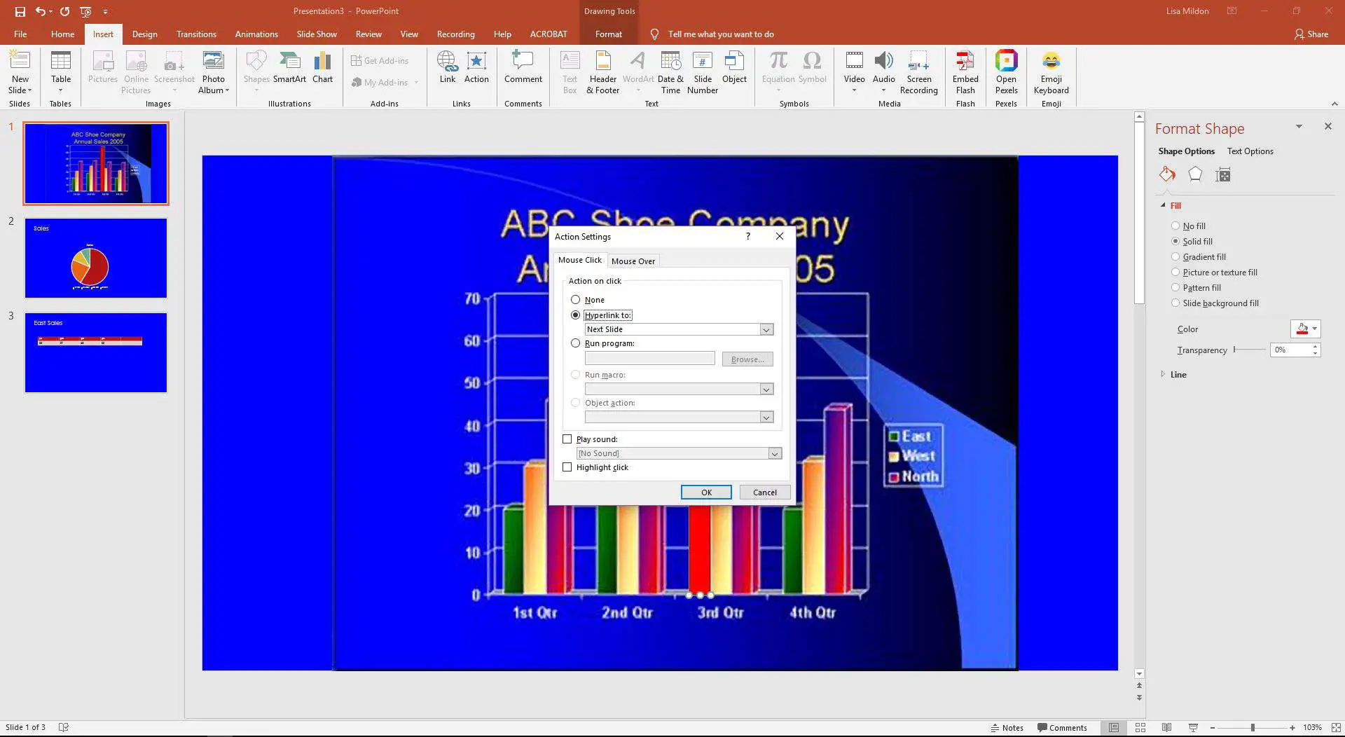 PowerPoint exibindo a caixa de diálogo Configurações de ações.