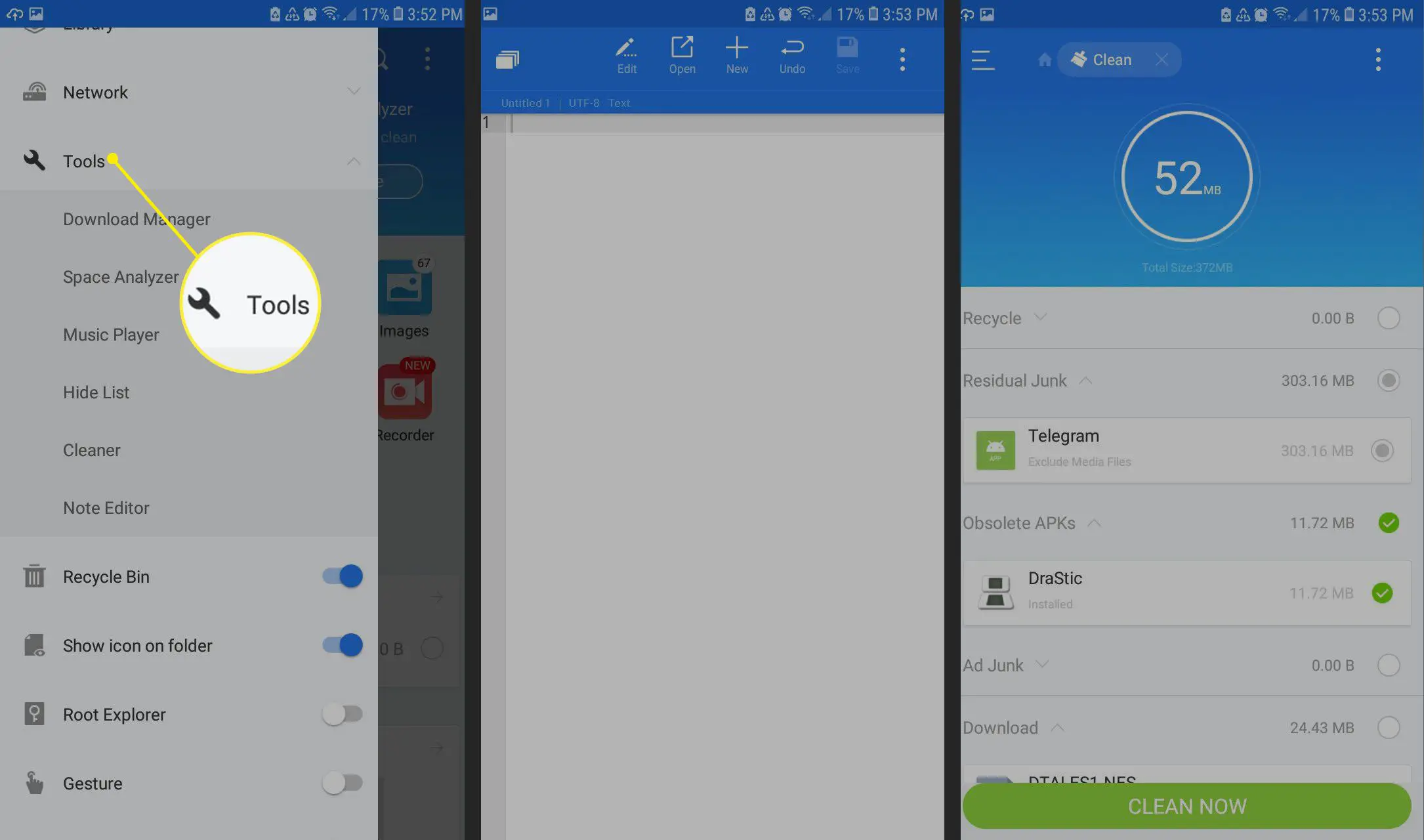 O menu Ferramentas, bloco de notas, um aplicativo Clear para ES File Explorer no Android