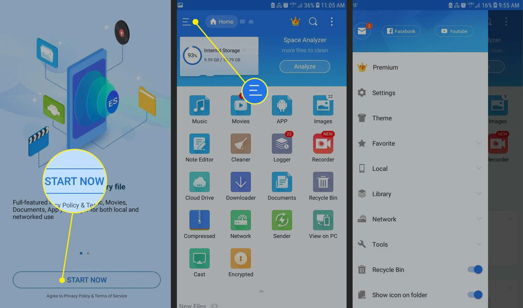 O ES File Explorer para tela inicial e menu principal do Android