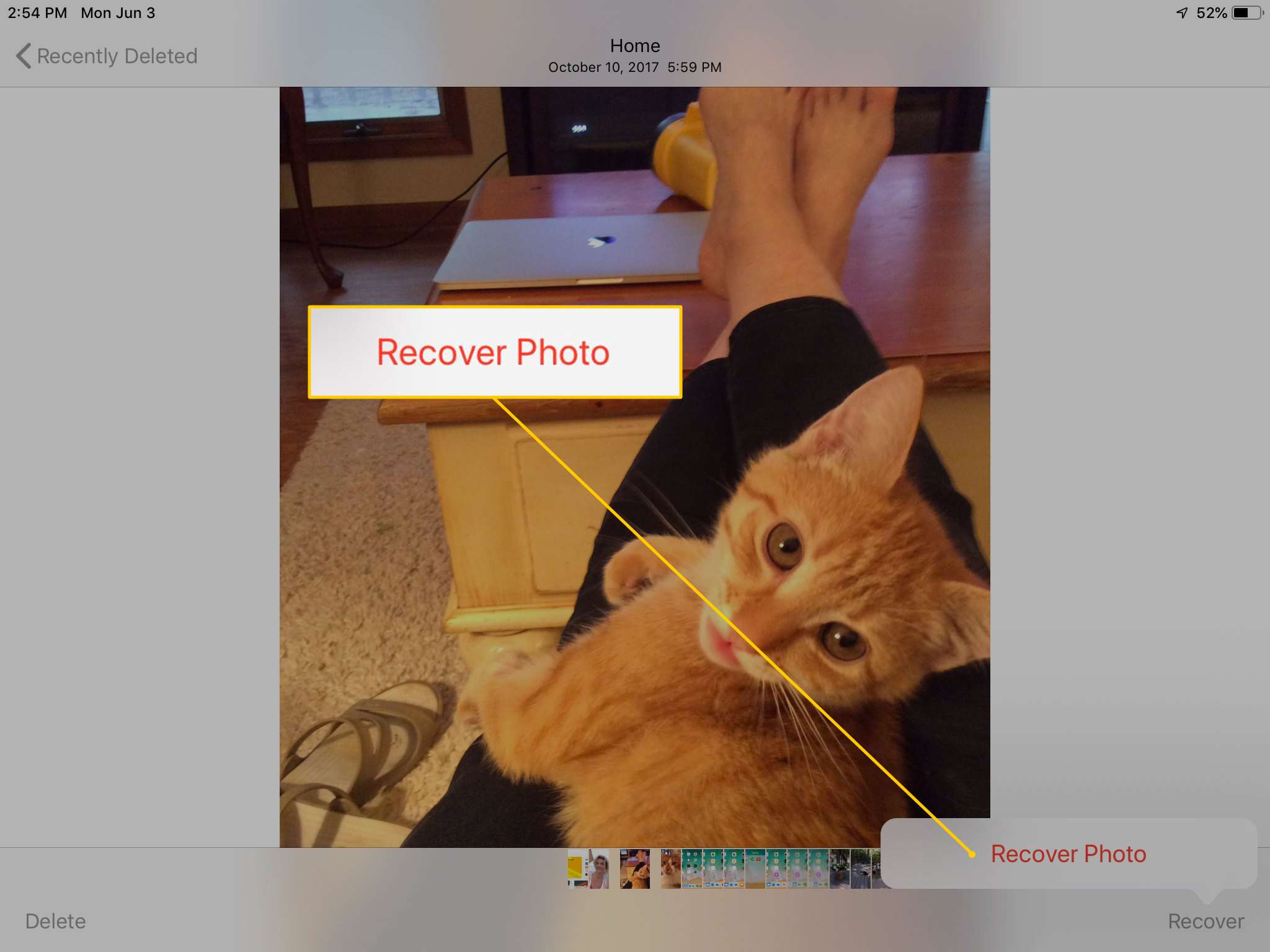 Botão Recuperar foto em Fotos no iPad
