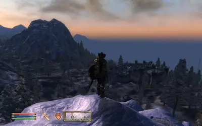 Personagem em uma montanha em The Elder Scrolls IV