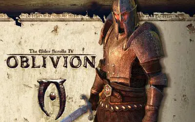 Imagem de imprensa do Elder Scrools IV Oblivion com um guerreiro de armadura segurando uma espada