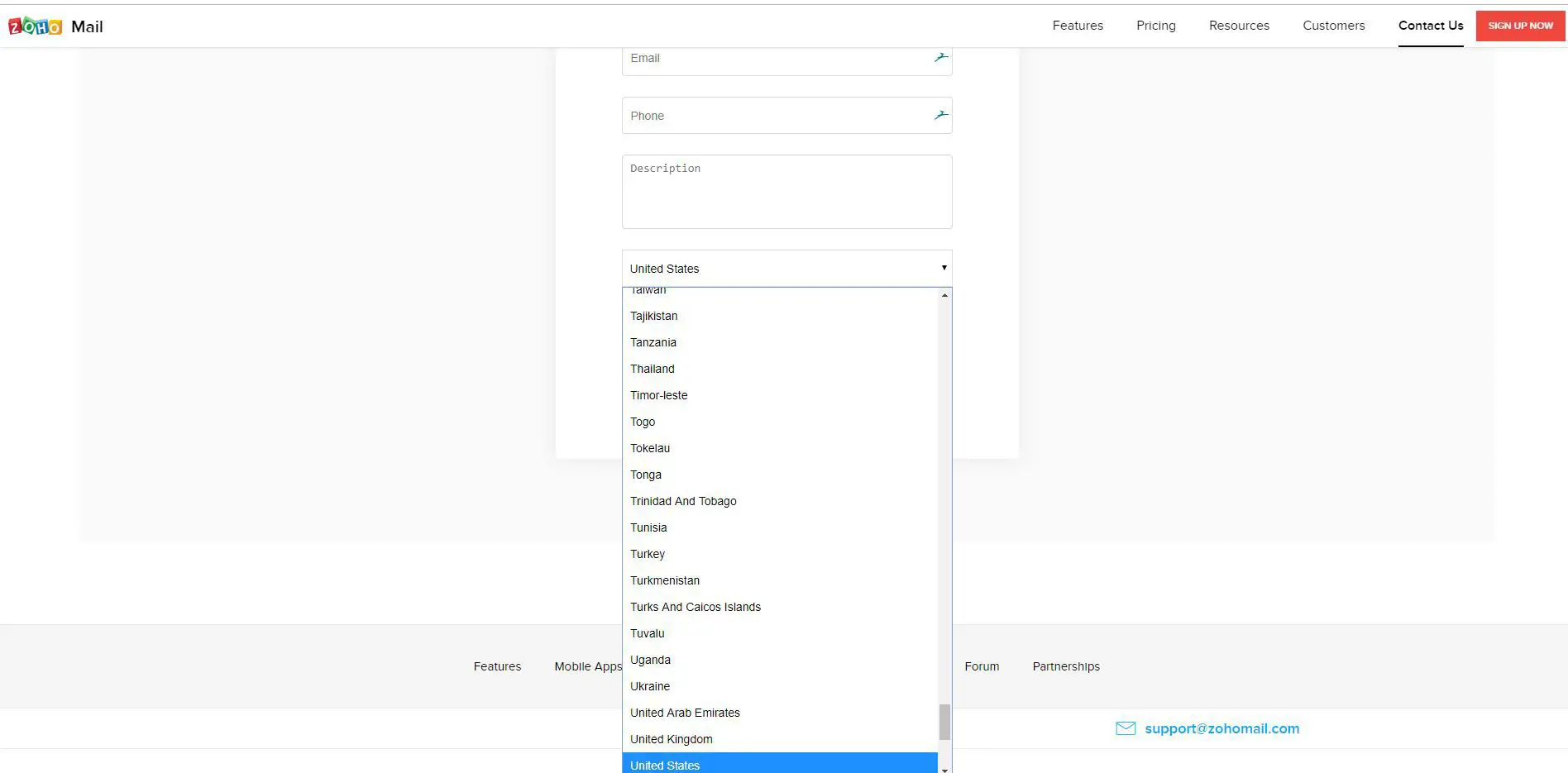 Captura de tela do formulário de contato com lista suspensa de localização