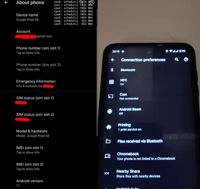 Capturas de tela do pixel xe sobre telas de preferências de telefone e conexão