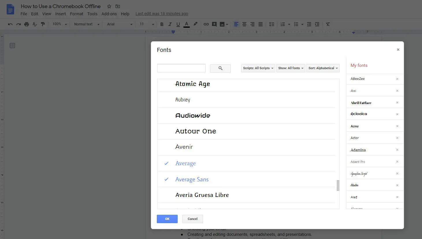 Captura de tela do seletor de fontes no Google Docs.