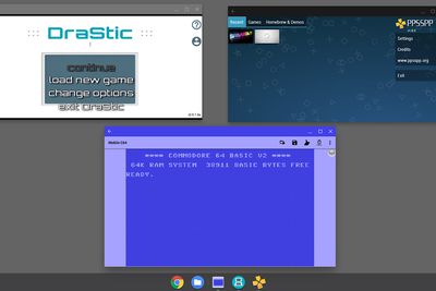 Captura de tela do Chromebook, com emulador DraStic, emulador PPSSPP Gold e emulador Commodore 64 exibidos.