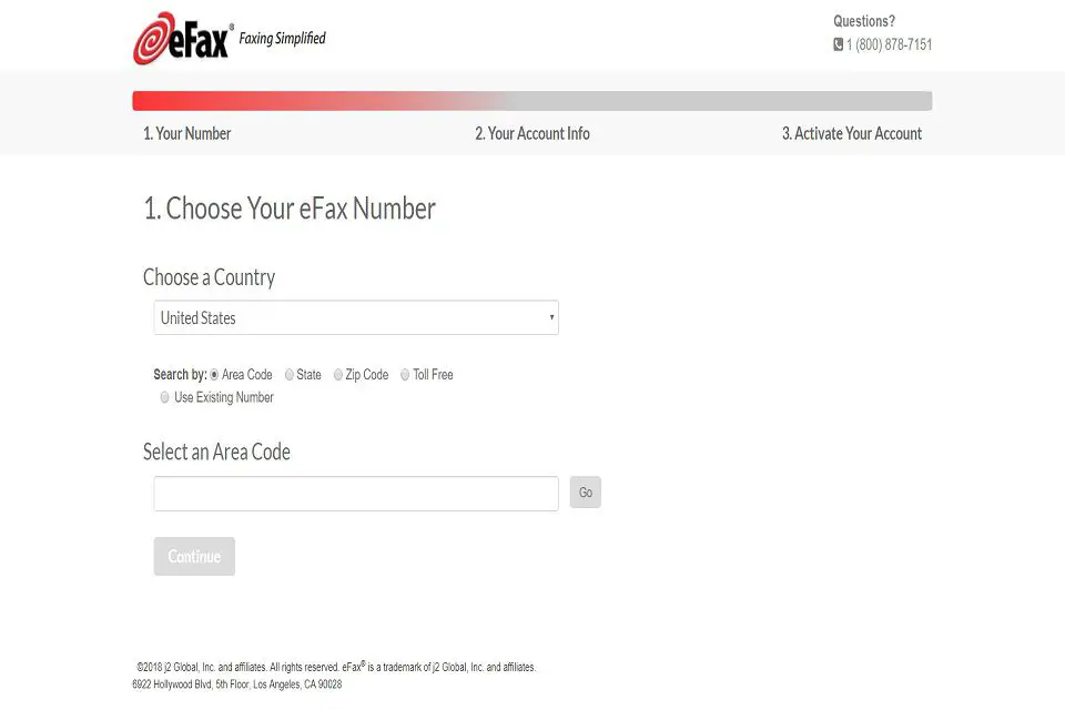 Uma captura de tela da página da web de inscrição mensal da assinatura do eFax.  Você tem que se inscrever em uma conta para usar seus serviços.  Nesta página, você deve escolher um número eFax específico do local.