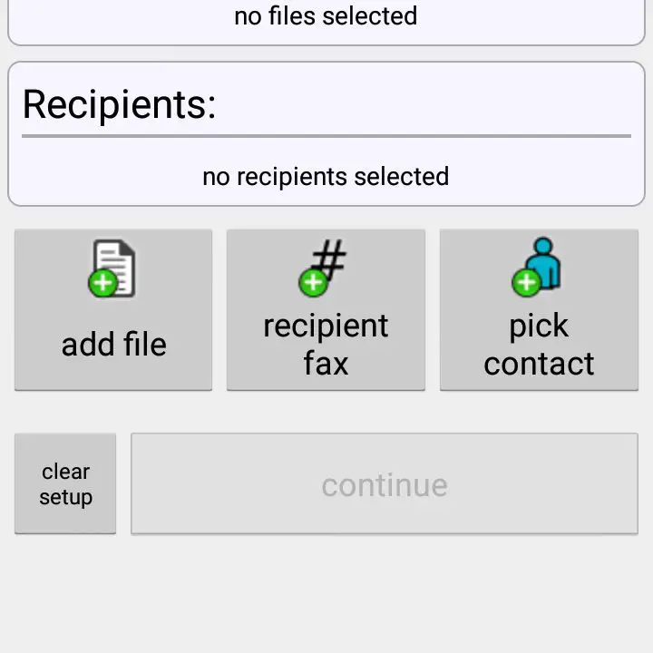 Uma captura de tela da tela principal do aplicativo FaxFile em um telefone Android, um HTC 710C.  A tela principal mostra opções para configurar um fax: adicionar arquivos e escolher destinatários.