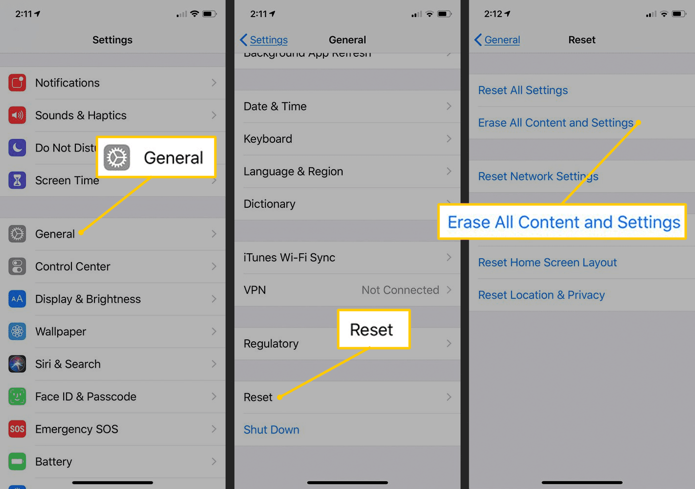 Geral, Redefinir, Apagar Todo o Conteúdo e Configurações nas Configurações do iOS