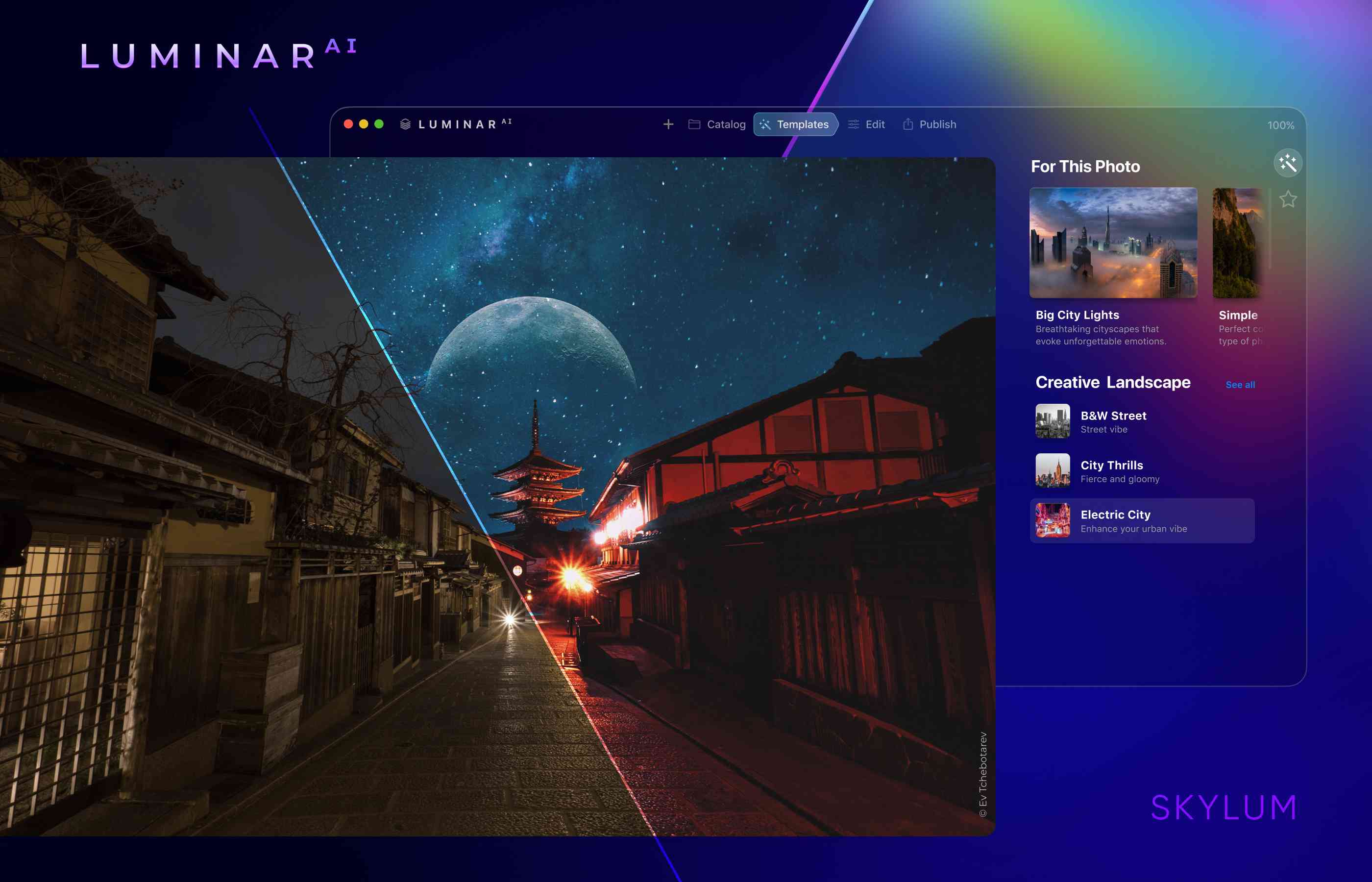 Software Luminar do SKylum mostrando a foto de uma cidade em dois filtros diferentes