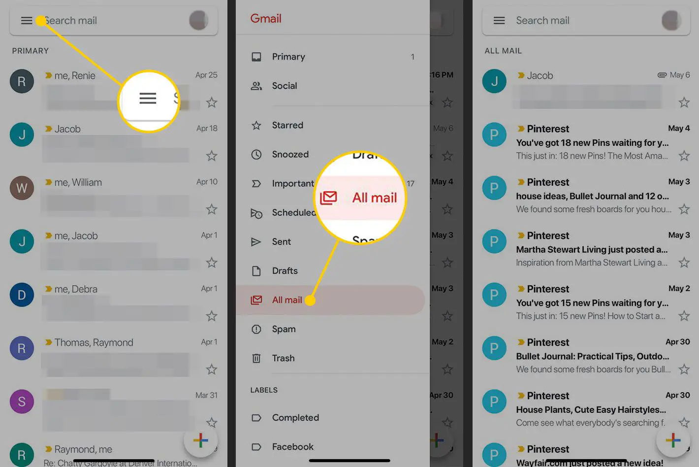 Aplicativo do Gmail com o comando Todos os e-mails destacado