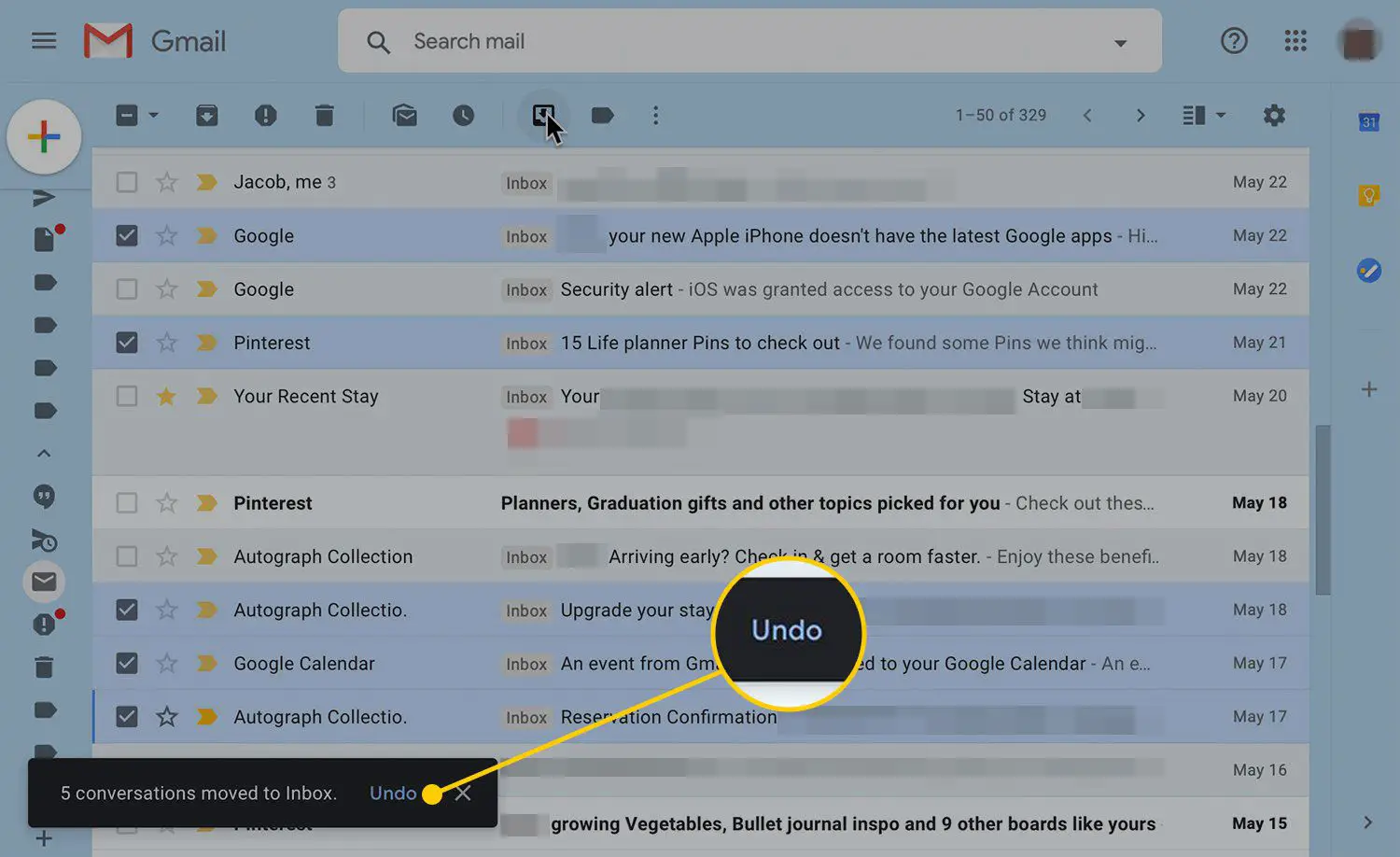 Caixa de diálogo de confirmação do Gmail com o botão Desfazer destacado