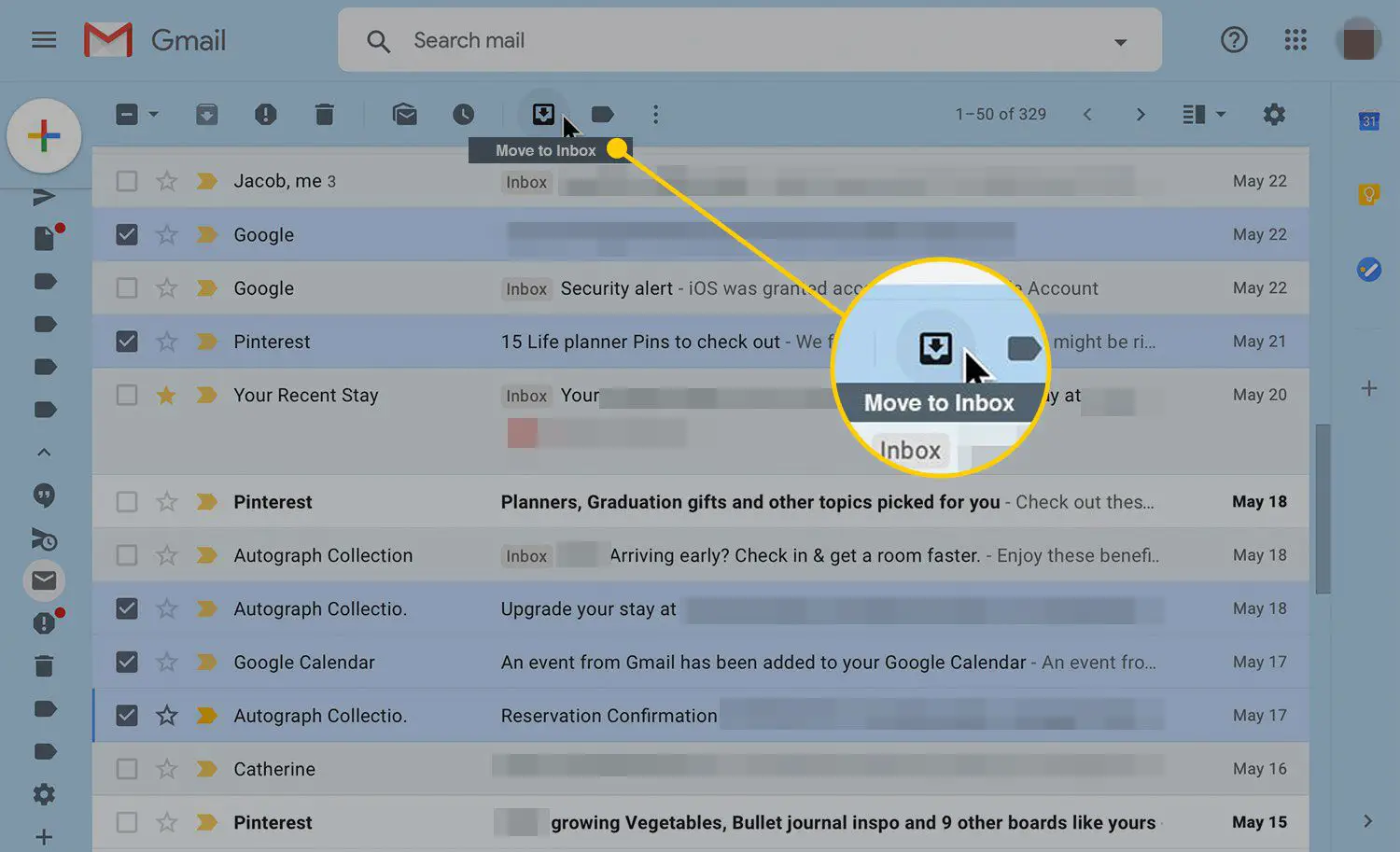 Gmail com o botão Mover para a caixa de entrada destacado