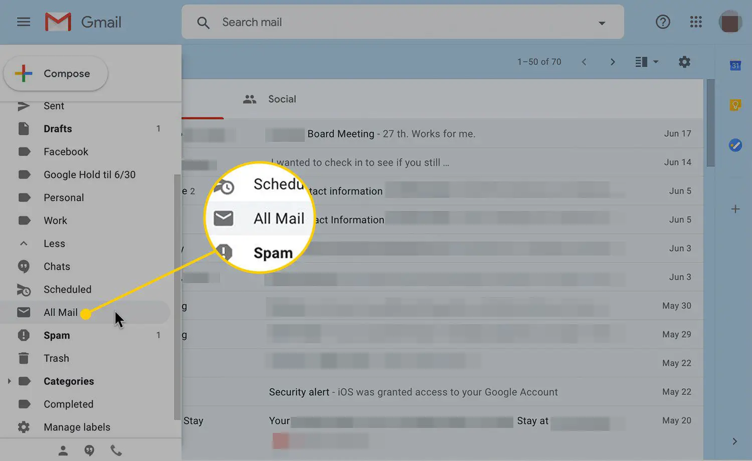 Painel de navegação do Gmail com a opção Todos os e-mails destacada