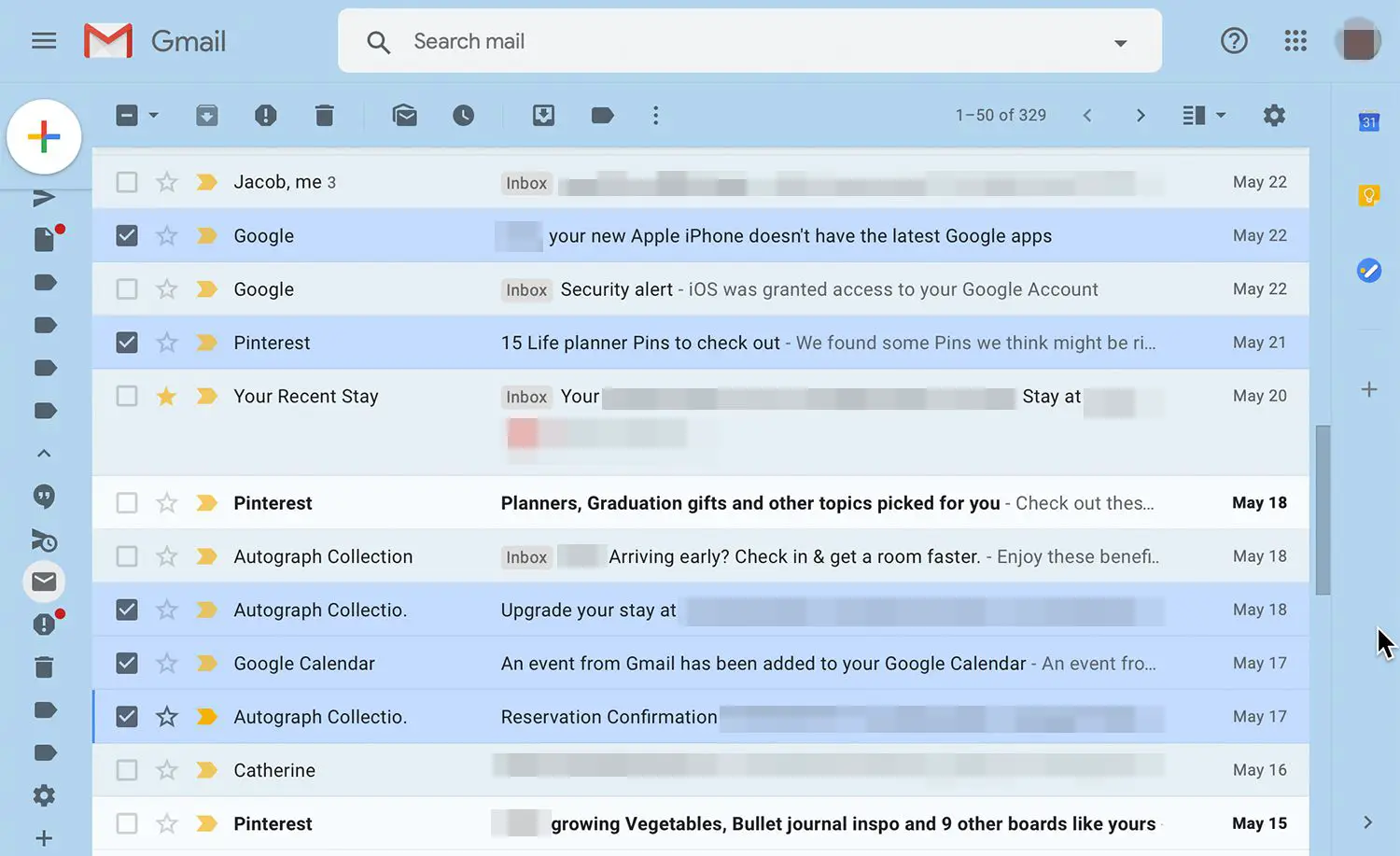Marque as caixas na frente dos e-mails para retornar à caixa de entrada no Gmail