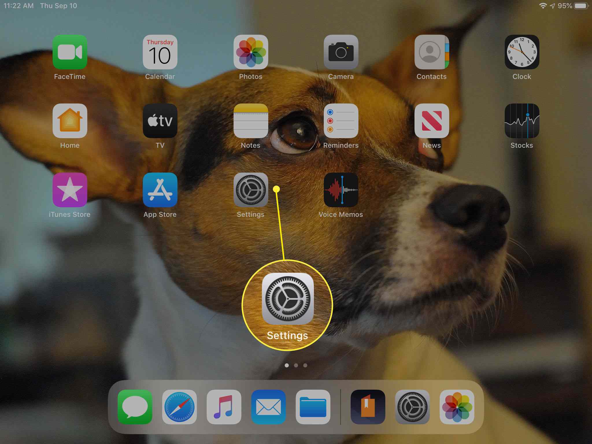 O ícone de configurações do iPad é destacado.