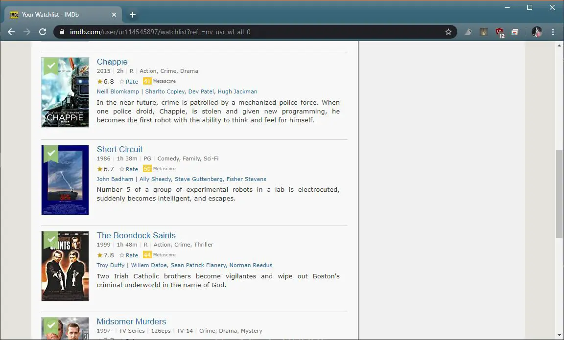 Uma captura de tela da lista de observação do IMDB TV.