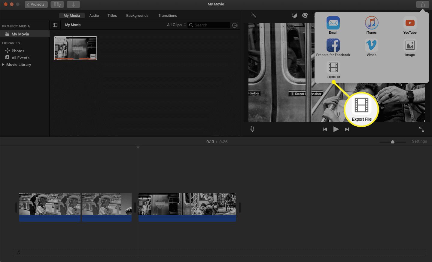 Guia de compartilhamento do iMovie com o ícone Exportar arquivo destacado.