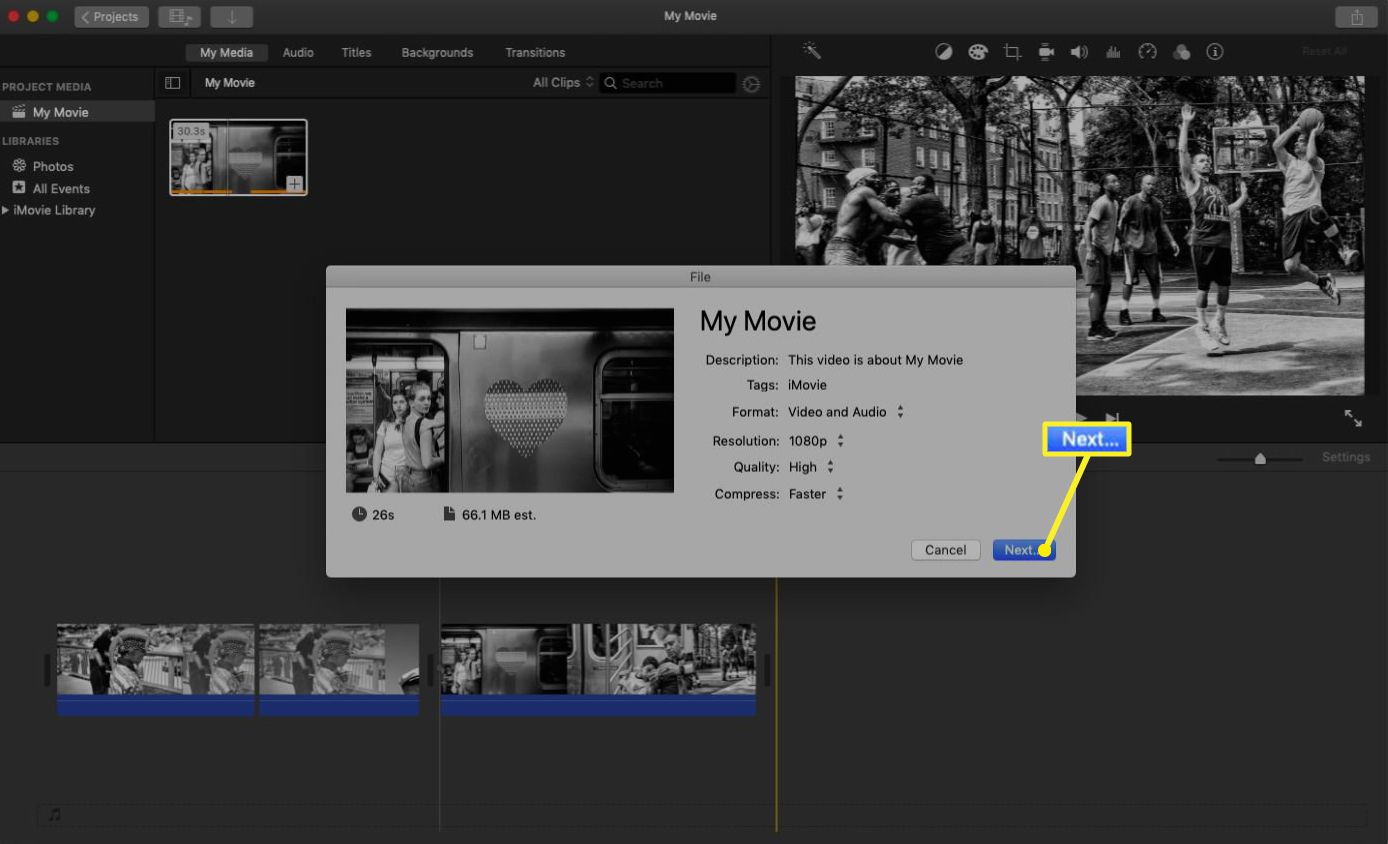 Exportar arquivo do iMovie com o menu pop-up de configurações.