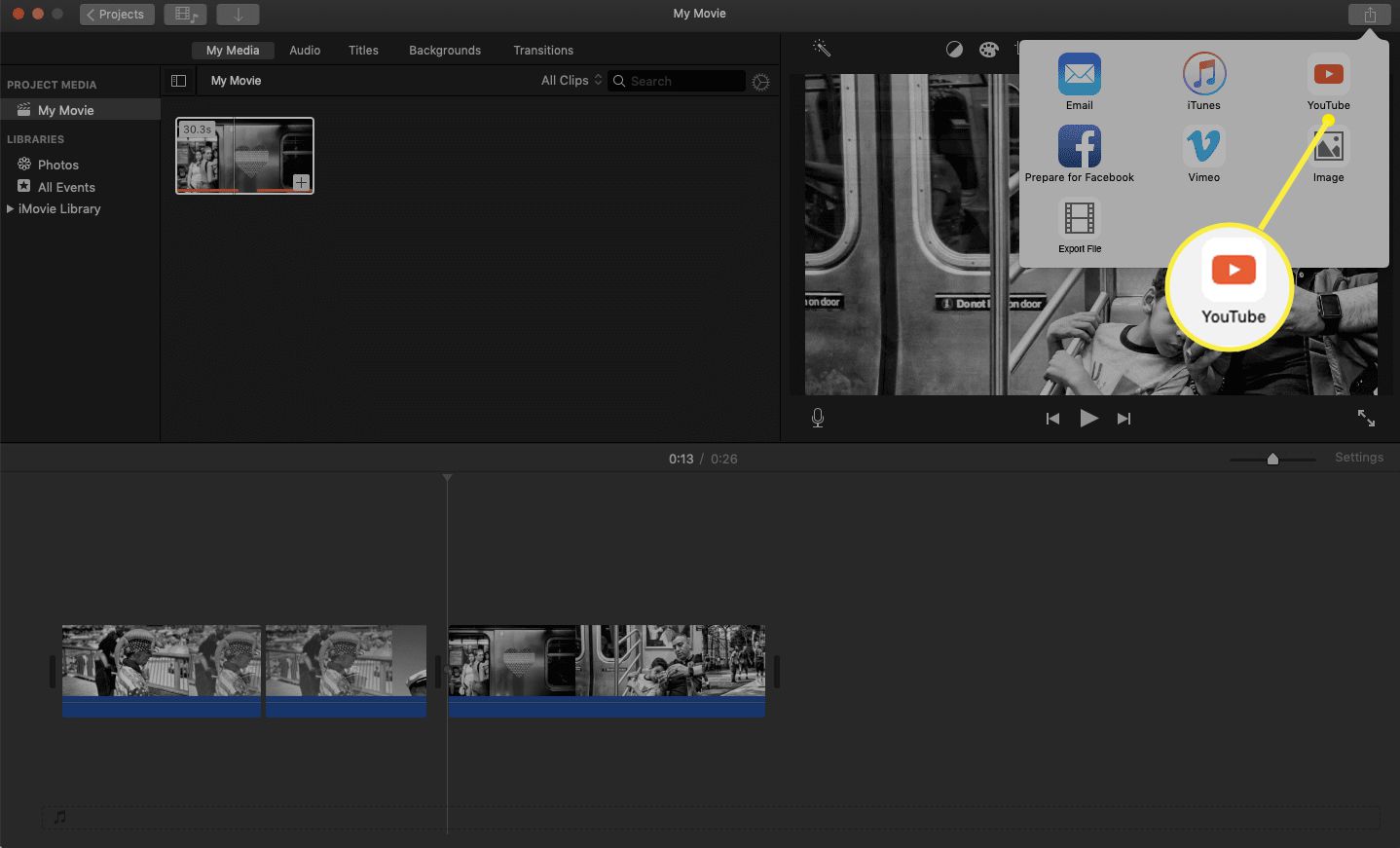 Guia de compartilhamento do iMovie com o ícone do You Tube destacado.