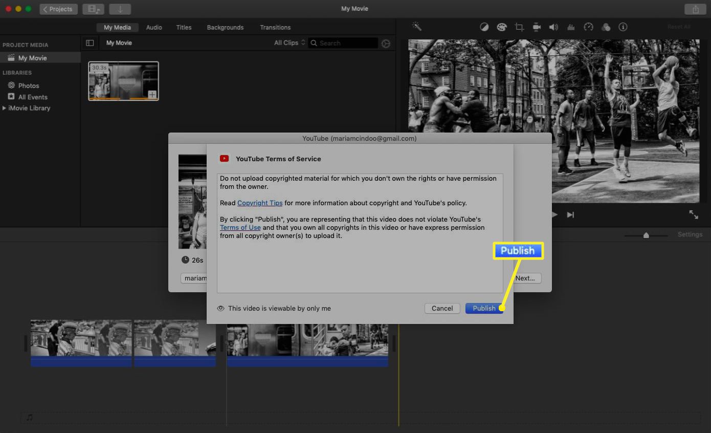 iMovie com a notificação de upload do YouTube e o botão Publicar destacado.
