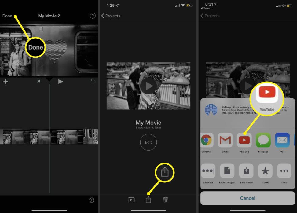 Exportar um iMovie para iOS para o YouTube no campo de compartilhamento