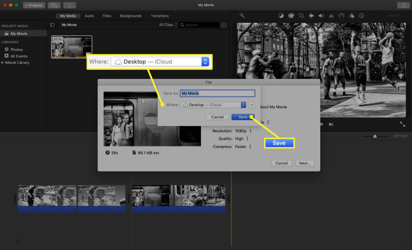 Exportação de arquivo iMovie com as opções de exportação destacadas.