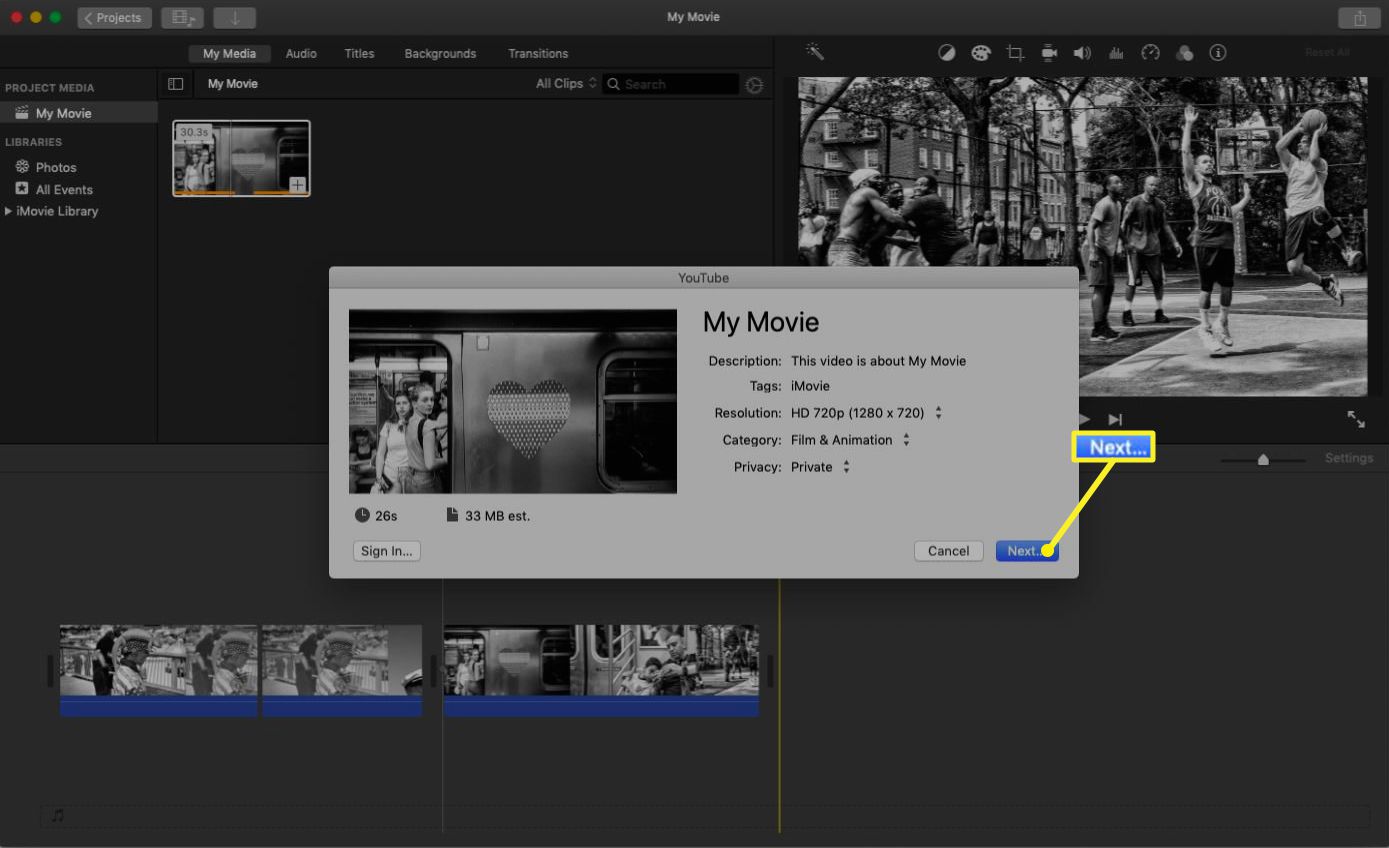 iMovie com um pop-up mostrando as opções de compartilhamento do YouTube.