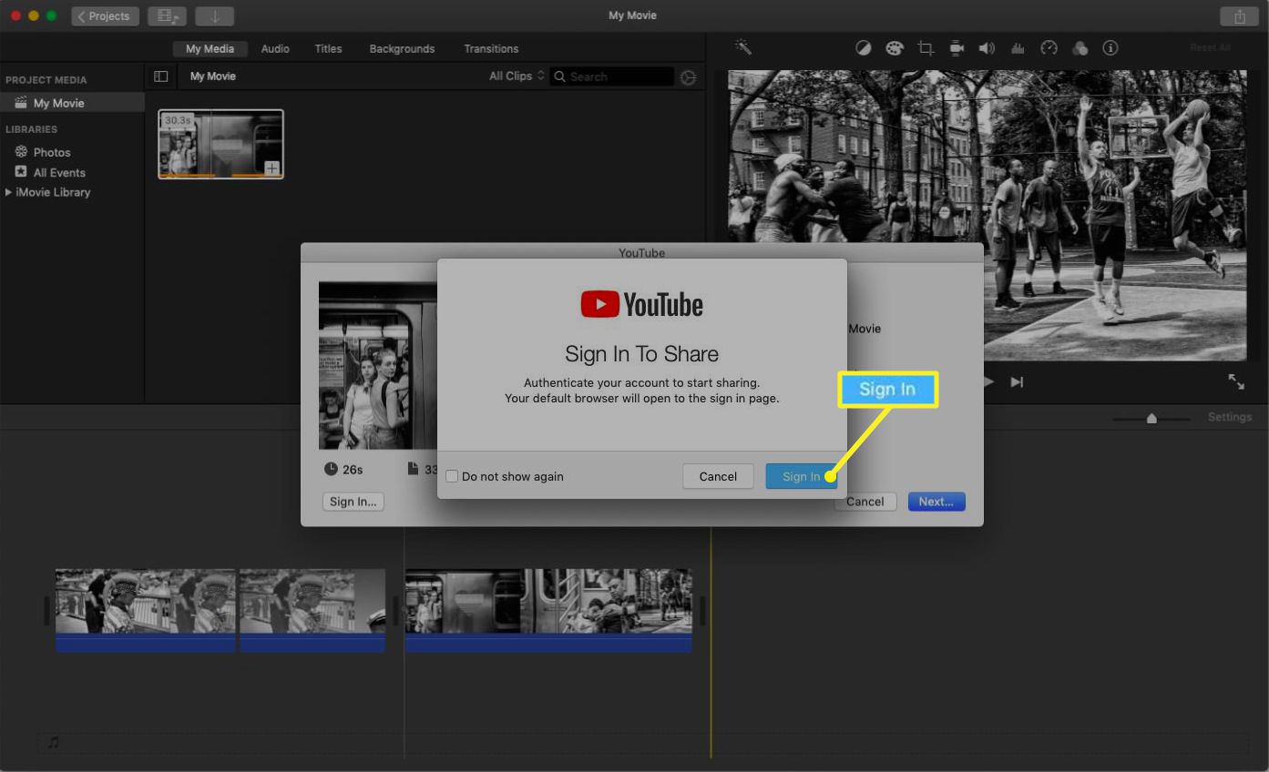 iMovie mostrando um menu pop-up de login do YouTube.