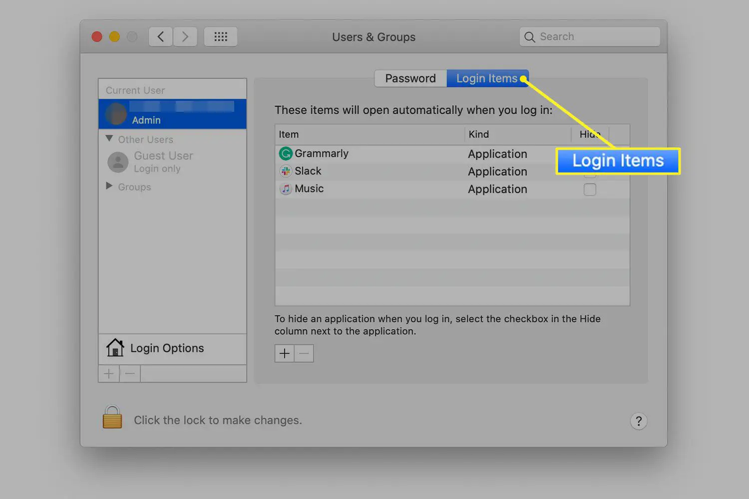 Guia Itens de login nas Preferências do sistema Mac