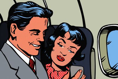 Versão clássica dos desenhos animados: um casal em um avião olhando para um telefone celular