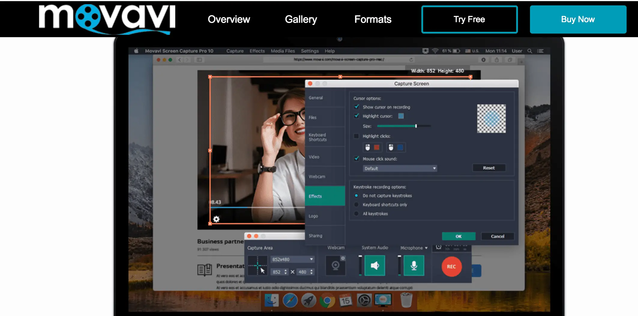 Captura de tela do site da Movavi mostrando a aparência do gravador de tela