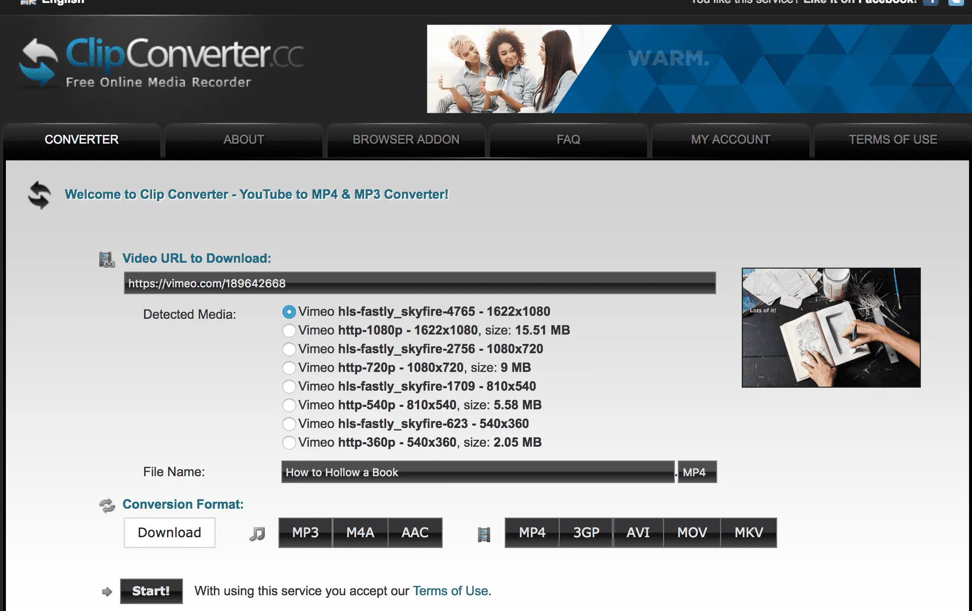 Captura de tela mostrando o site de download de vídeo ClipConverter.cc