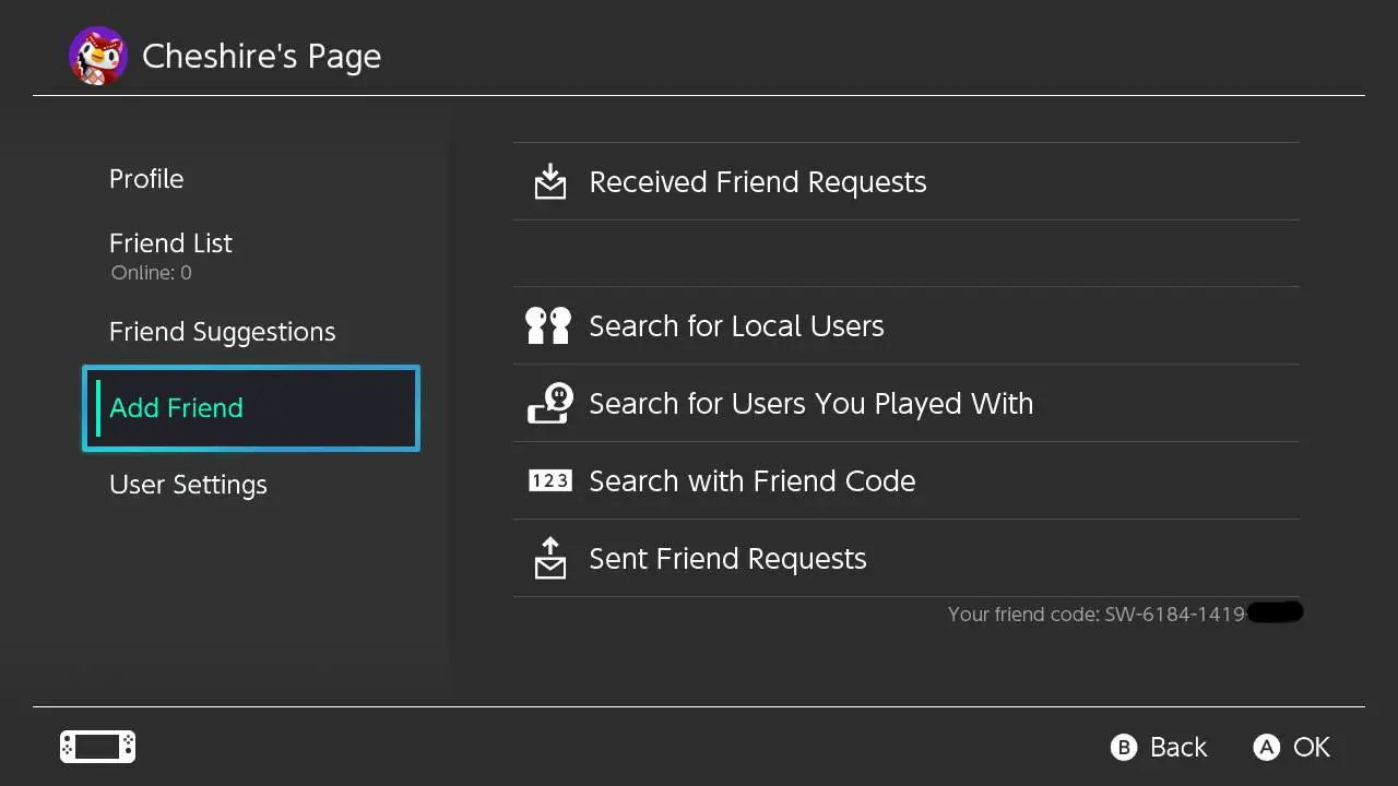 Captura de tela das configurações do Nintendo Switch Friend