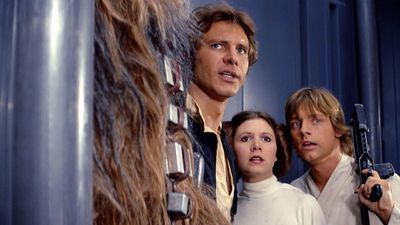 Harrison Ford, Carrie Fisher e Mark Hamill em Star Wars (1977)