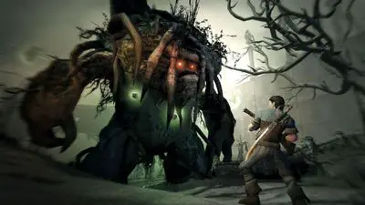 Personagem de Fable II enfrentando uma enorme criatura demoníaca