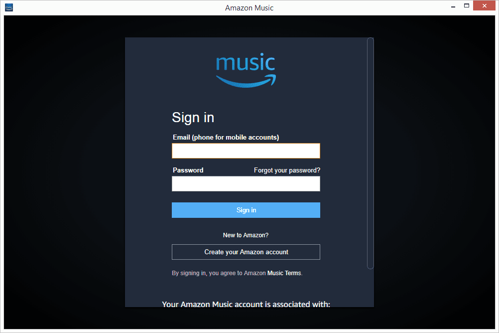 Captura de tela da página de login do programa Amazon Music