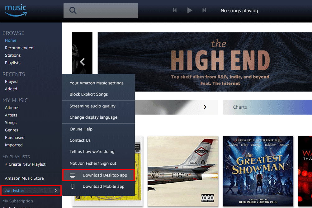 Captura de tela mostrando como baixar o aplicativo de desktop Amazon Music