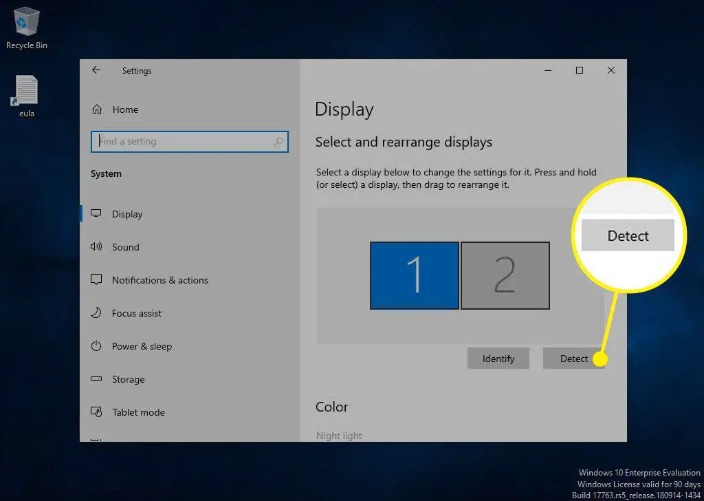 Botão de detecção nas configurações de exibição do Windows