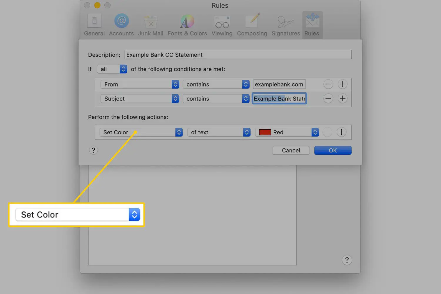 Defina o menu de cores nas preferências do macOS Mail