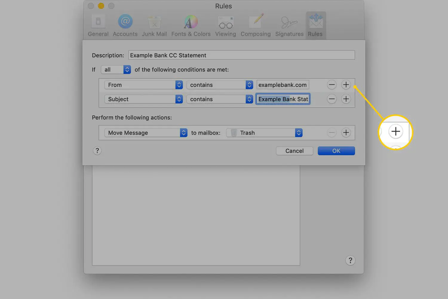Botão de adição para uma segunda linha de condição nas preferências do macOS Mail